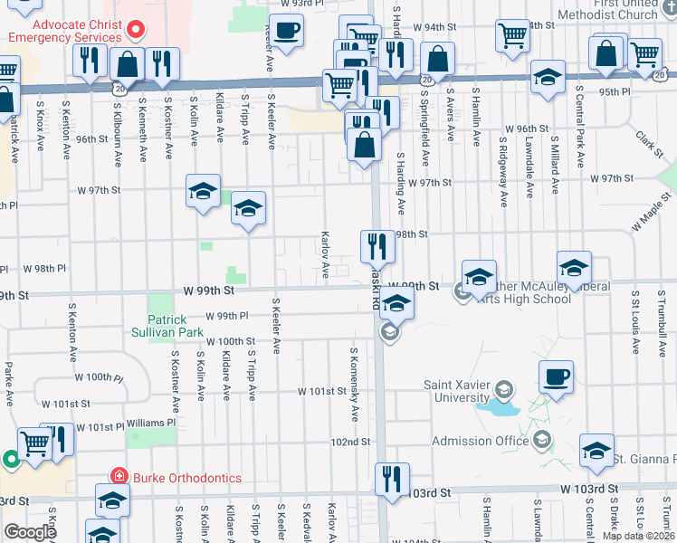map of restaurants, bars, coffee shops, grocery stores, and more near 4038 Almansa Lane in Oak Lawn