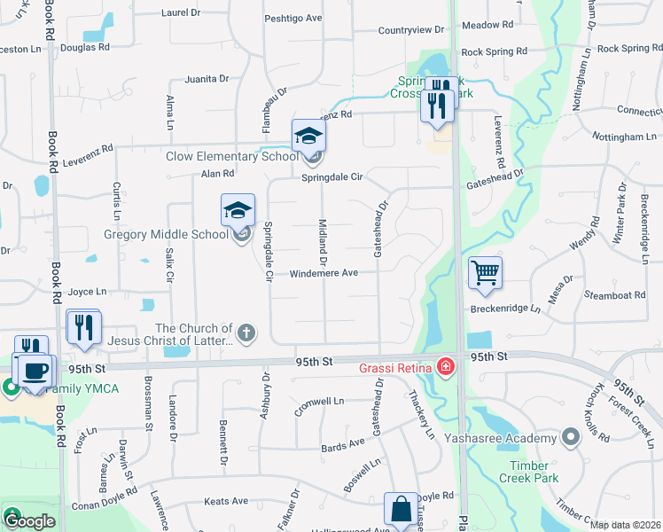 map of restaurants, bars, coffee shops, grocery stores, and more near 1271 Windemere Avenue in Naperville