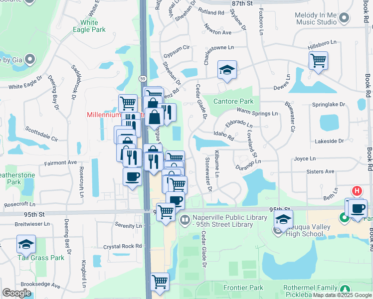 map of restaurants, bars, coffee shops, grocery stores, and more near 2811 Cantore Road in Naperville