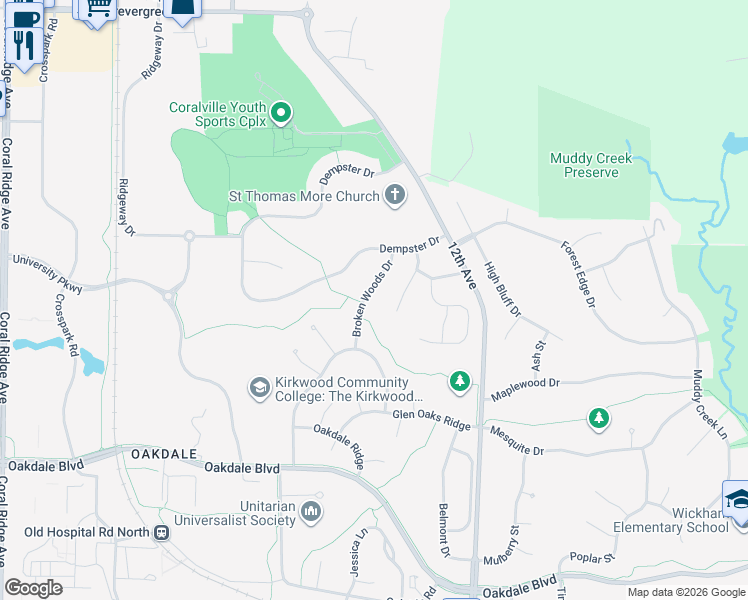 map of restaurants, bars, coffee shops, grocery stores, and more near 2965 Broken Woods Drive in Coralville