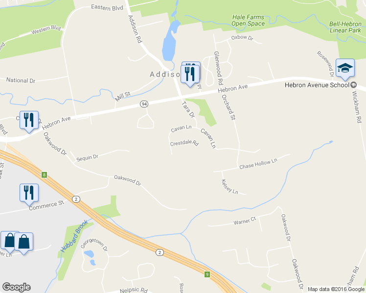 map of restaurants, bars, coffee shops, grocery stores, and more near 26 Crestdale Road in Glastonbury