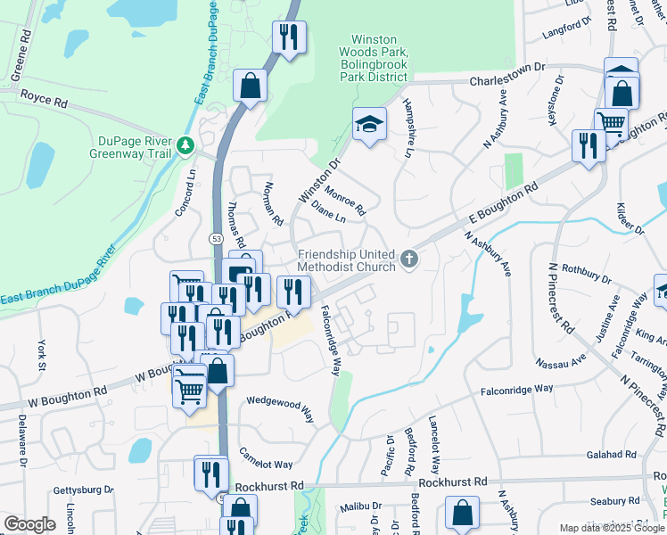 map of restaurants, bars, coffee shops, grocery stores, and more near 515 Racine Lane in Bolingbrook