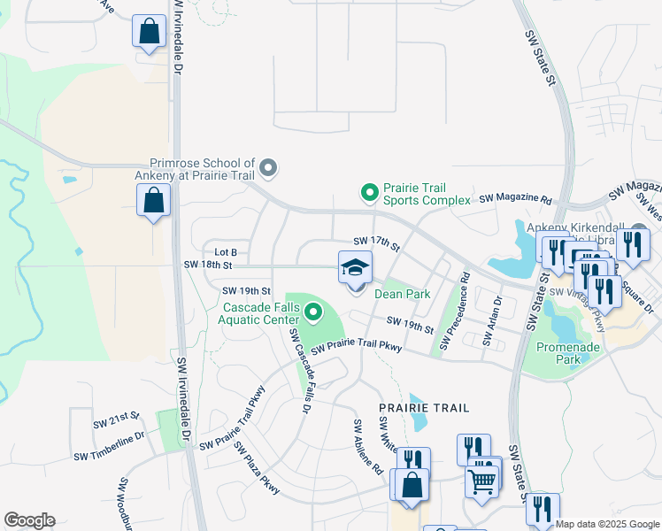 map of restaurants, bars, coffee shops, grocery stores, and more near 2216 Southwest 18th Street in Ankeny
