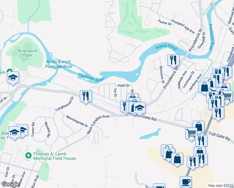 map of restaurants, bars, coffee shops, grocery stores, and more near 15 Fornelli Street in West Warwick