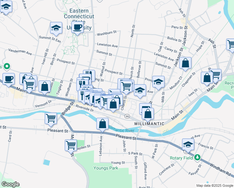 map of restaurants, bars, coffee shops, grocery stores, and more near 122 Valley Street in Windham