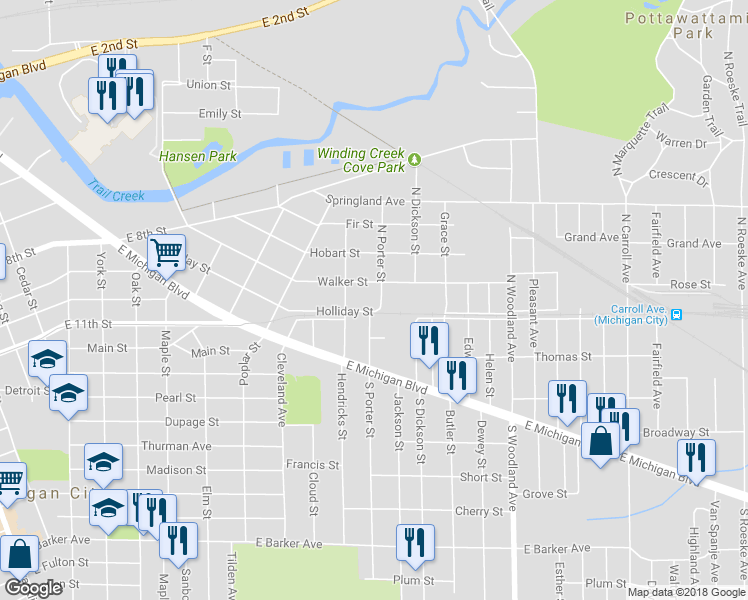 map of restaurants, bars, coffee shops, grocery stores, and more near 304 North Porter Street in Michigan City