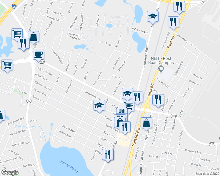 map of restaurants, bars, coffee shops, grocery stores, and more near 879 Main Avenue in Warwick