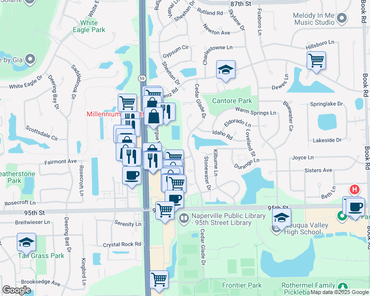 map of restaurants, bars, coffee shops, grocery stores, and more near 2811 Cantore Road in Naperville