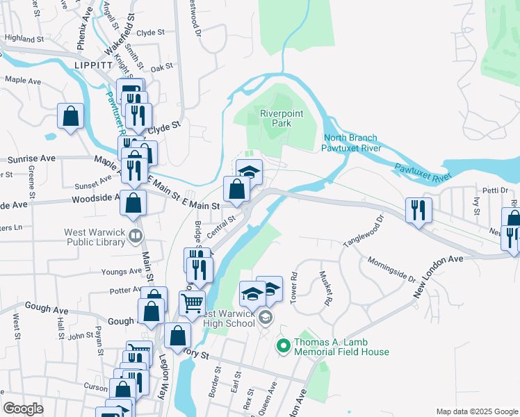 map of restaurants, bars, coffee shops, grocery stores, and more near 125 Providence Street in West Warwick