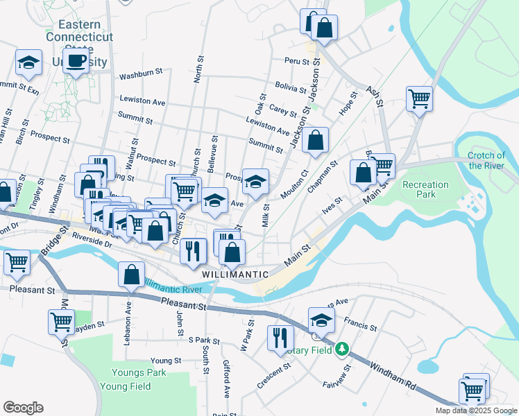 map of restaurants, bars, coffee shops, grocery stores, and more near 123 Jackson Street in Windham