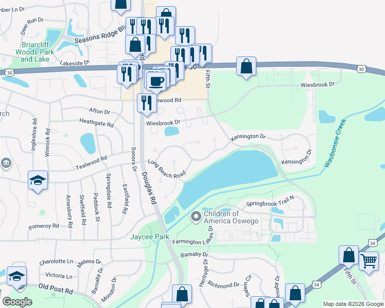 map of restaurants, bars, coffee shops, grocery stores, and more near 326 Kensington Drive in Oswego