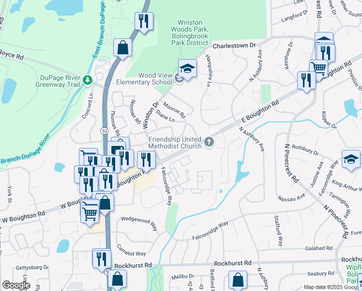 map of restaurants, bars, coffee shops, grocery stores, and more near 501 Dubois Circle in Bolingbrook