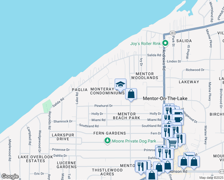 map of restaurants, bars, coffee shops, grocery stores, and more near 7564 Monterey Bay Drive in Mentor-on-the-Lake