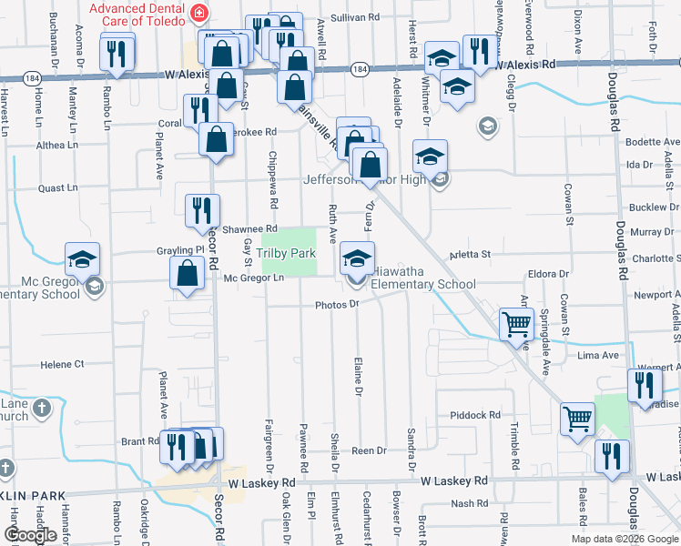 map of restaurants, bars, coffee shops, grocery stores, and more near 5404 Ruth Avenue in Toledo