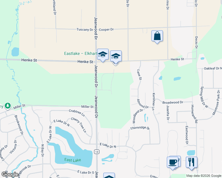 map of restaurants, bars, coffee shops, grocery stores, and more near 23928 Manor Lane in Elkhart