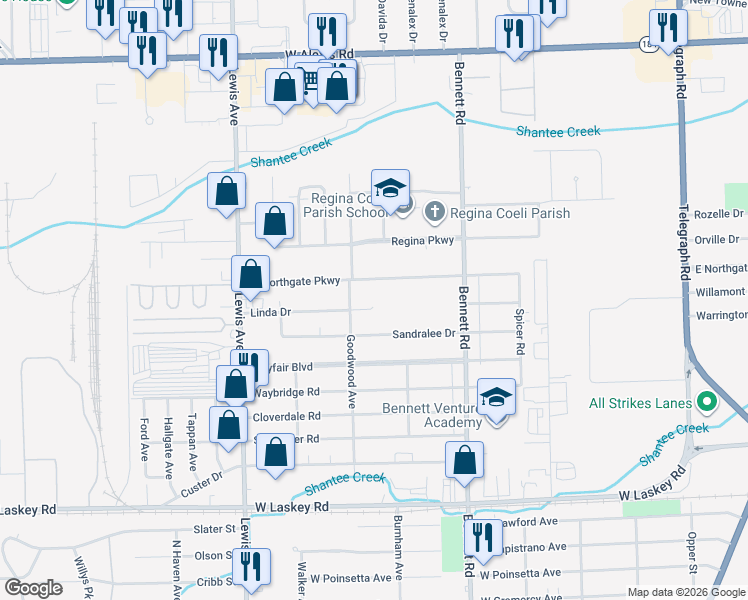 map of restaurants, bars, coffee shops, grocery stores, and more near 650 Linda Drive in Toledo