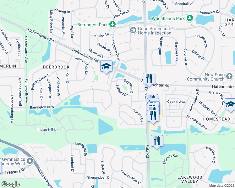 map of restaurants, bars, coffee shops, grocery stores, and more near 2327 Twilight Drive in Aurora