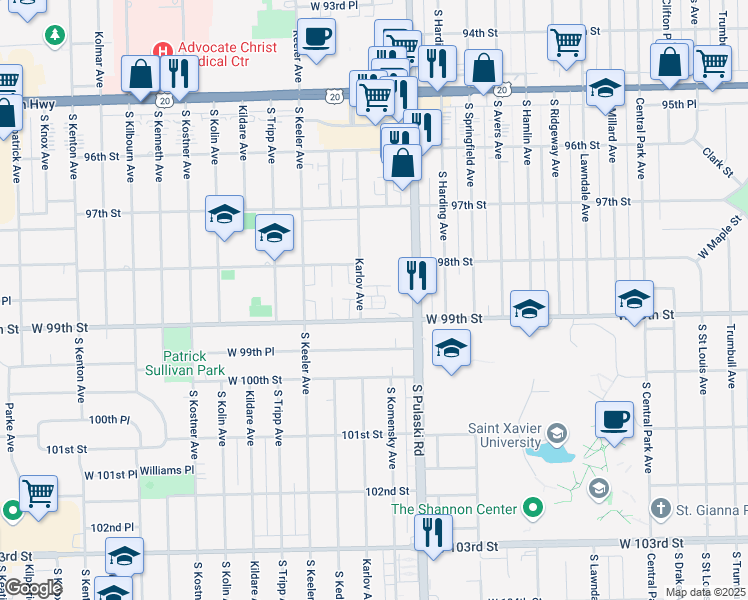 map of restaurants, bars, coffee shops, grocery stores, and more near 4038 Almansa Lane in Oak Lawn