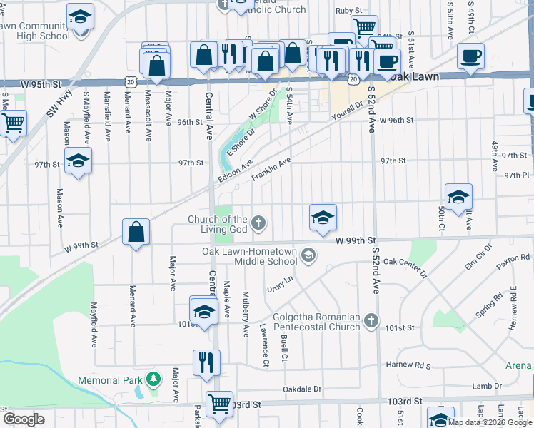 map of restaurants, bars, coffee shops, grocery stores, and more near 9817 South 55th Avenue in Oak Lawn