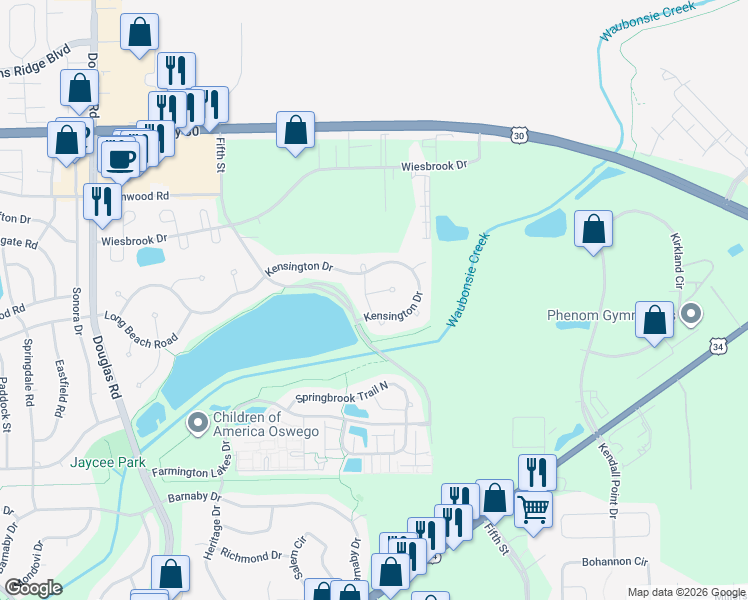 map of restaurants, bars, coffee shops, grocery stores, and more near 701 Hanover Court in Oswego