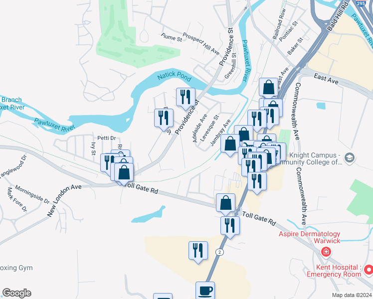 map of restaurants, bars, coffee shops, grocery stores, and more near 58 Brayton Avenue in Warwick