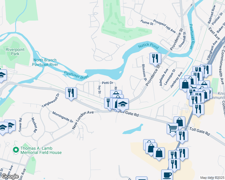 map of restaurants, bars, coffee shops, grocery stores, and more near 32 River Avenue in West Warwick