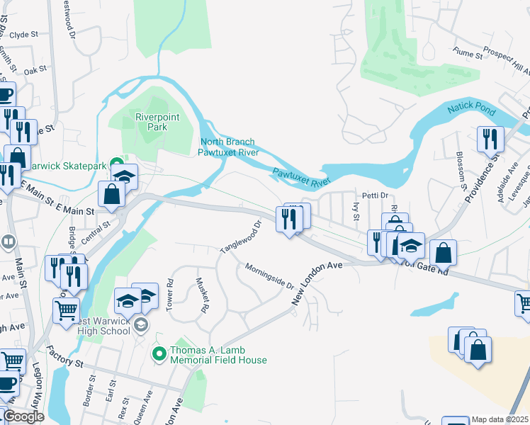 map of restaurants, bars, coffee shops, grocery stores, and more near 265 Providence Street in West Warwick