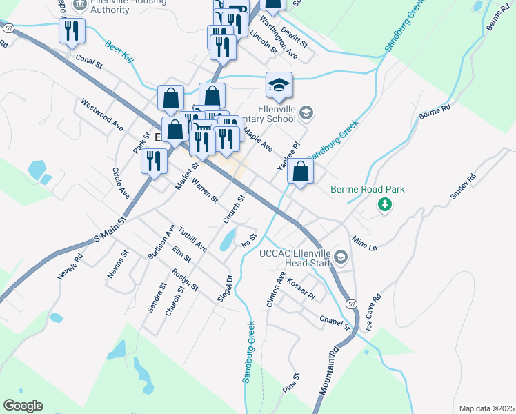 map of restaurants, bars, coffee shops, grocery stores, and more near 3 Penny Place in Ellenville