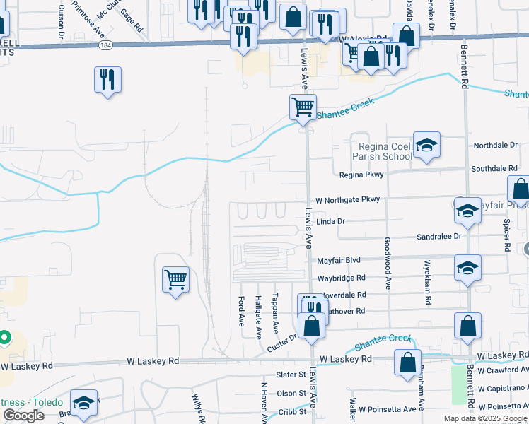 map of restaurants, bars, coffee shops, grocery stores, and more near 5383 Lewis Avenue in Toledo
