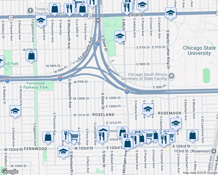 map of restaurants, bars, coffee shops, grocery stores, and more near 24 East 99th Place in Chicago