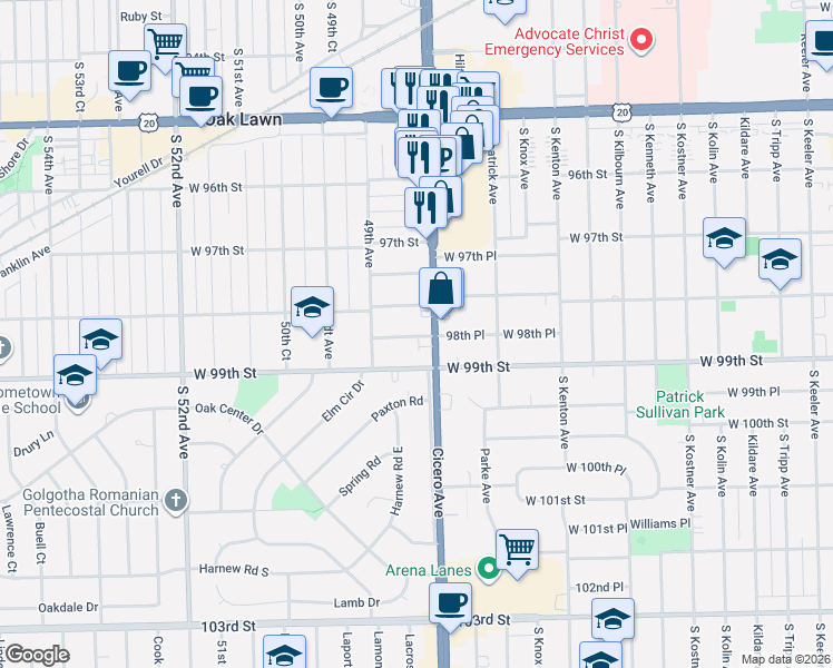 map of restaurants, bars, coffee shops, grocery stores, and more near 4809 West 98th Place in Oak Lawn