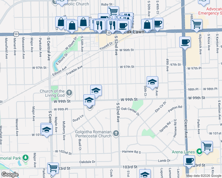 map of restaurants, bars, coffee shops, grocery stores, and more near 9825 Cook Avenue in Oak Lawn