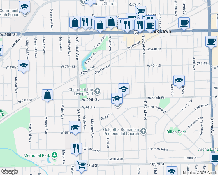 map of restaurants, bars, coffee shops, grocery stores, and more near 9815 Warren Avenue in Oak Lawn