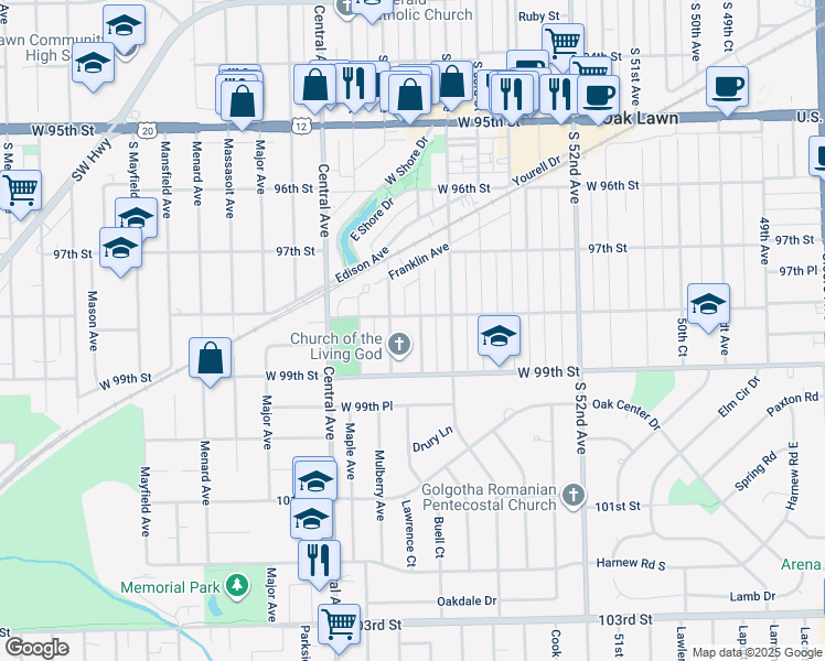 map of restaurants, bars, coffee shops, grocery stores, and more near 9817 South 55th Avenue in Oak Lawn