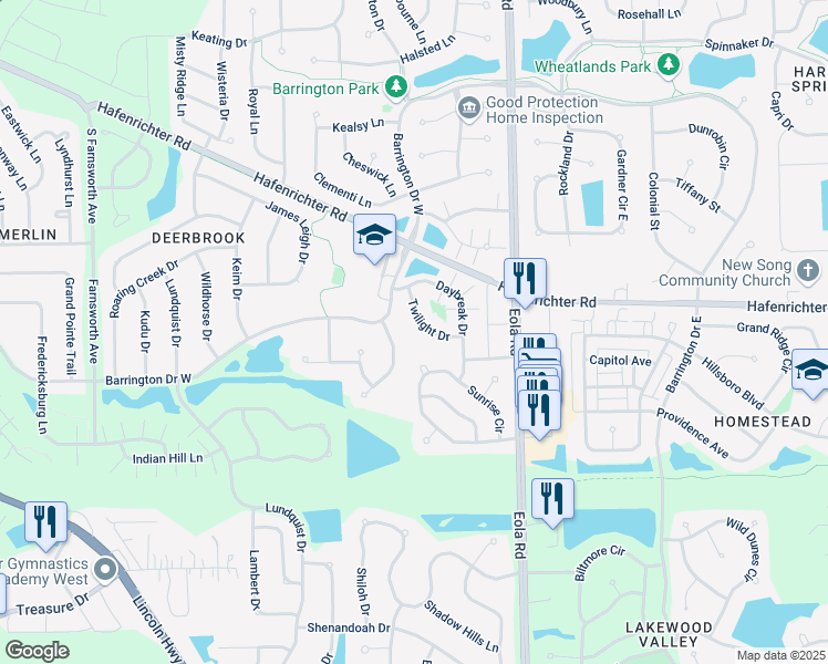 map of restaurants, bars, coffee shops, grocery stores, and more near 2327 Twilight Drive in Aurora