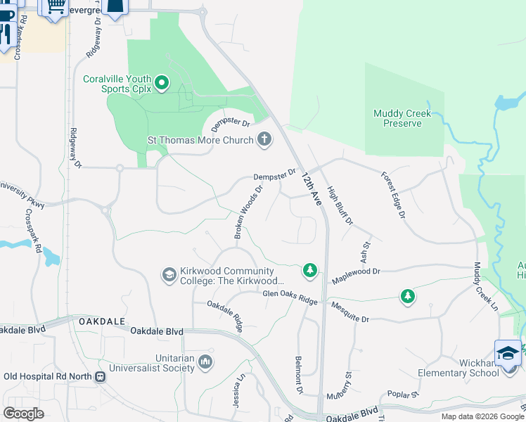 map of restaurants, bars, coffee shops, grocery stores, and more near 2965 Broken Woods Drive in Coralville
