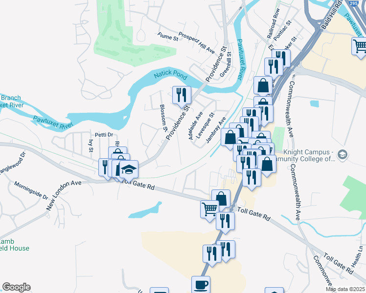 map of restaurants, bars, coffee shops, grocery stores, and more near 58 Brayton Avenue in Warwick