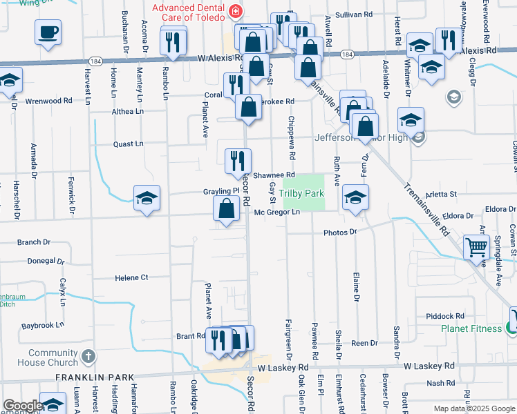 map of restaurants, bars, coffee shops, grocery stores, and more near 3260 Mc Gregor Lane in Toledo