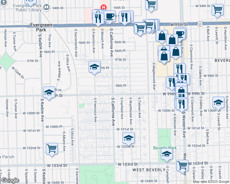 map of restaurants, bars, coffee shops, grocery stores, and more near 2759 West 99th Street in Chicago