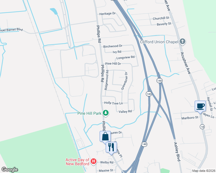 map of restaurants, bars, coffee shops, grocery stores, and more near 28 Ridgewood Road in New Bedford