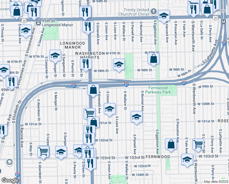 map of restaurants, bars, coffee shops, grocery stores, and more near 9910 South Lowe Avenue in Chicago