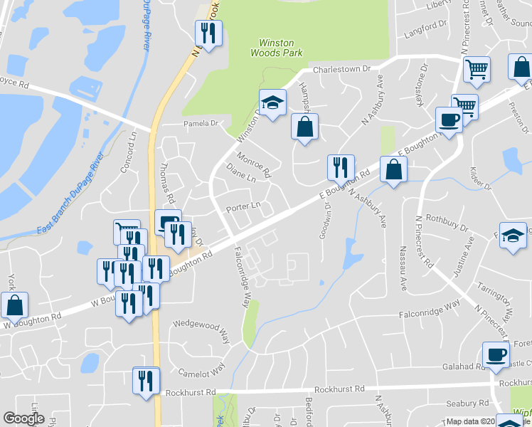 map of restaurants, bars, coffee shops, grocery stores, and more near 244 Dubois Circle in Bolingbrook
