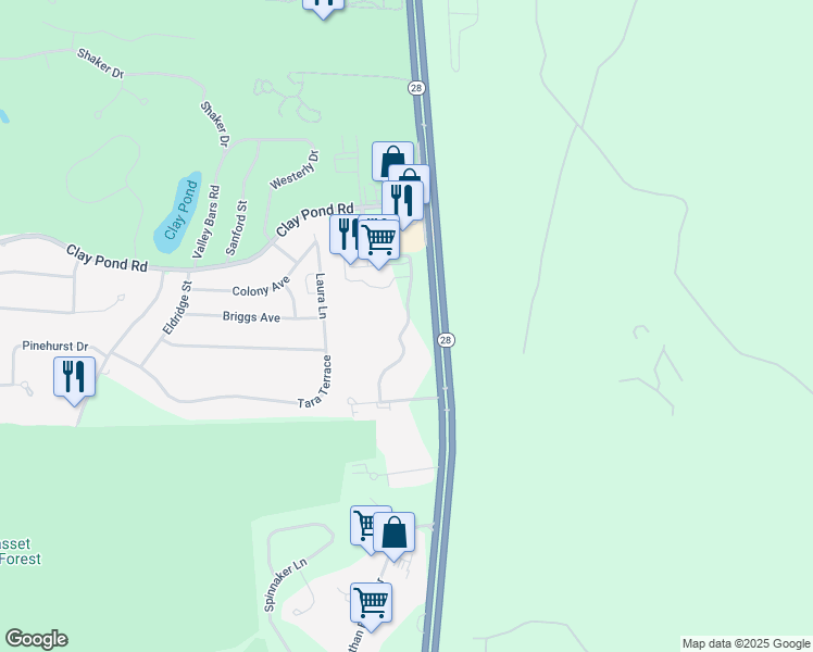 map of restaurants, bars, coffee shops, grocery stores, and more near 102 Harmony Hill Road in Bourne