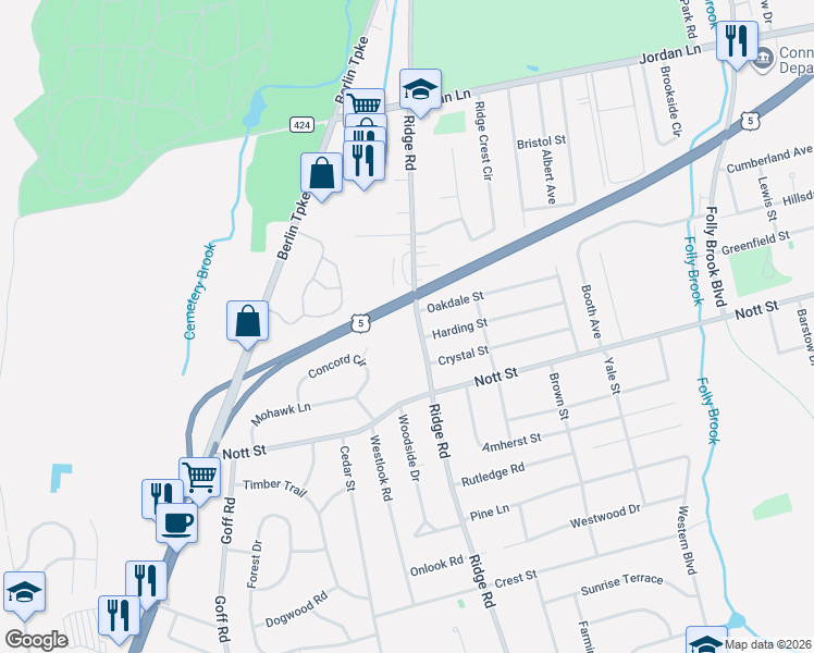 map of restaurants, bars, coffee shops, grocery stores, and more near 333 Ridge Road in Wethersfield