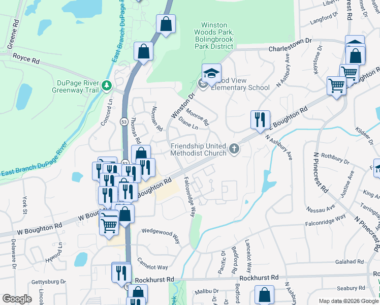map of restaurants, bars, coffee shops, grocery stores, and more near 508 Jill Lane in Bolingbrook
