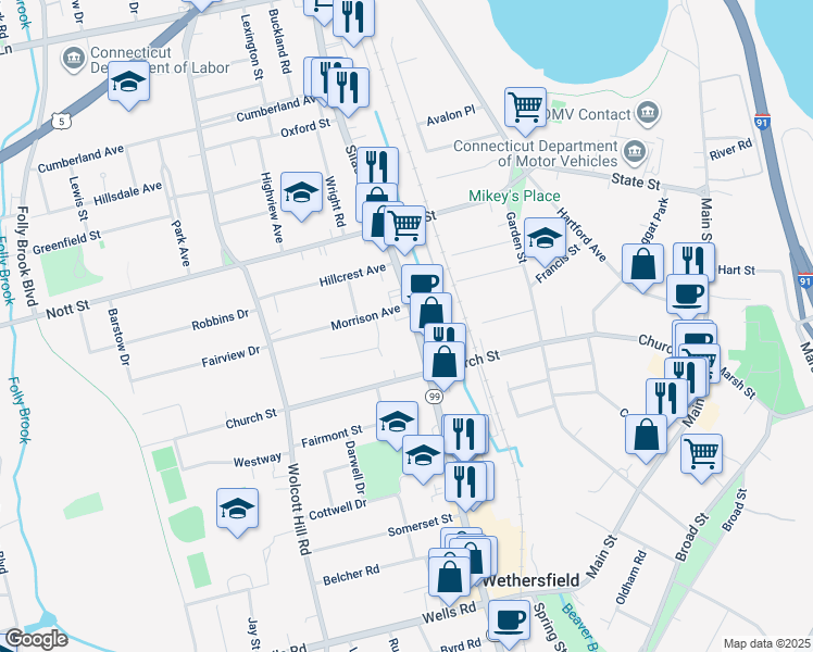 map of restaurants, bars, coffee shops, grocery stores, and more near 455 Silas Deane Highway in Wethersfield