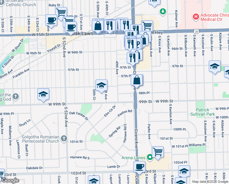 map of restaurants, bars, coffee shops, grocery stores, and more near 9821 Brandt Avenue in Oak Lawn