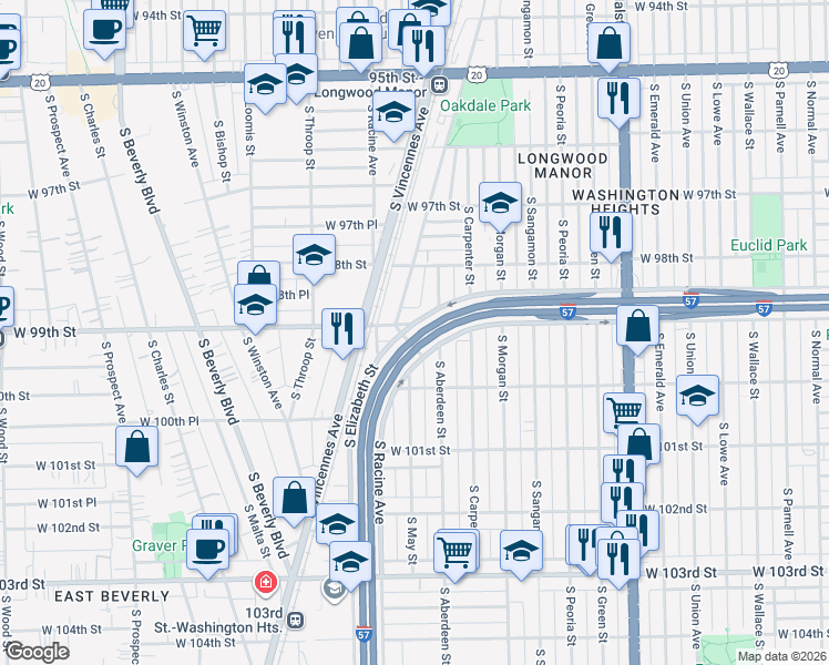map of restaurants, bars, coffee shops, grocery stores, and more near 1117 West 99th Street in Chicago