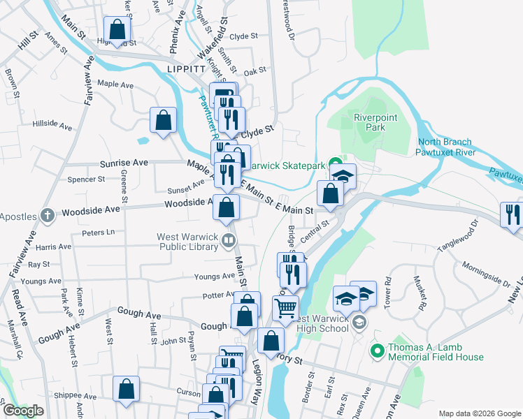 map of restaurants, bars, coffee shops, grocery stores, and more near 35 Brayton Street in West Warwick