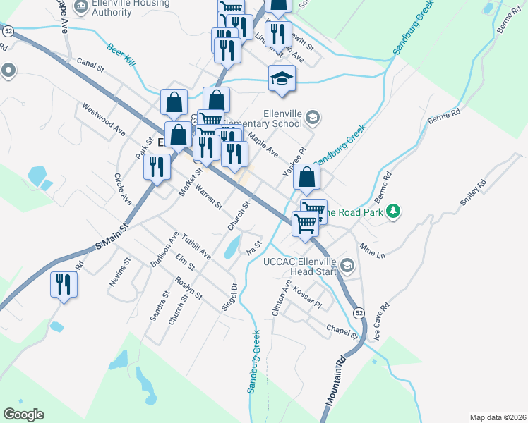 map of restaurants, bars, coffee shops, grocery stores, and more near 3 Penny Place in Ellenville